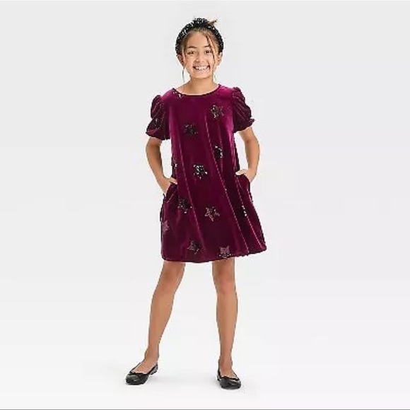 NWT Girls' Velvet Star Dress - Burgundy - Picture 2 of 9